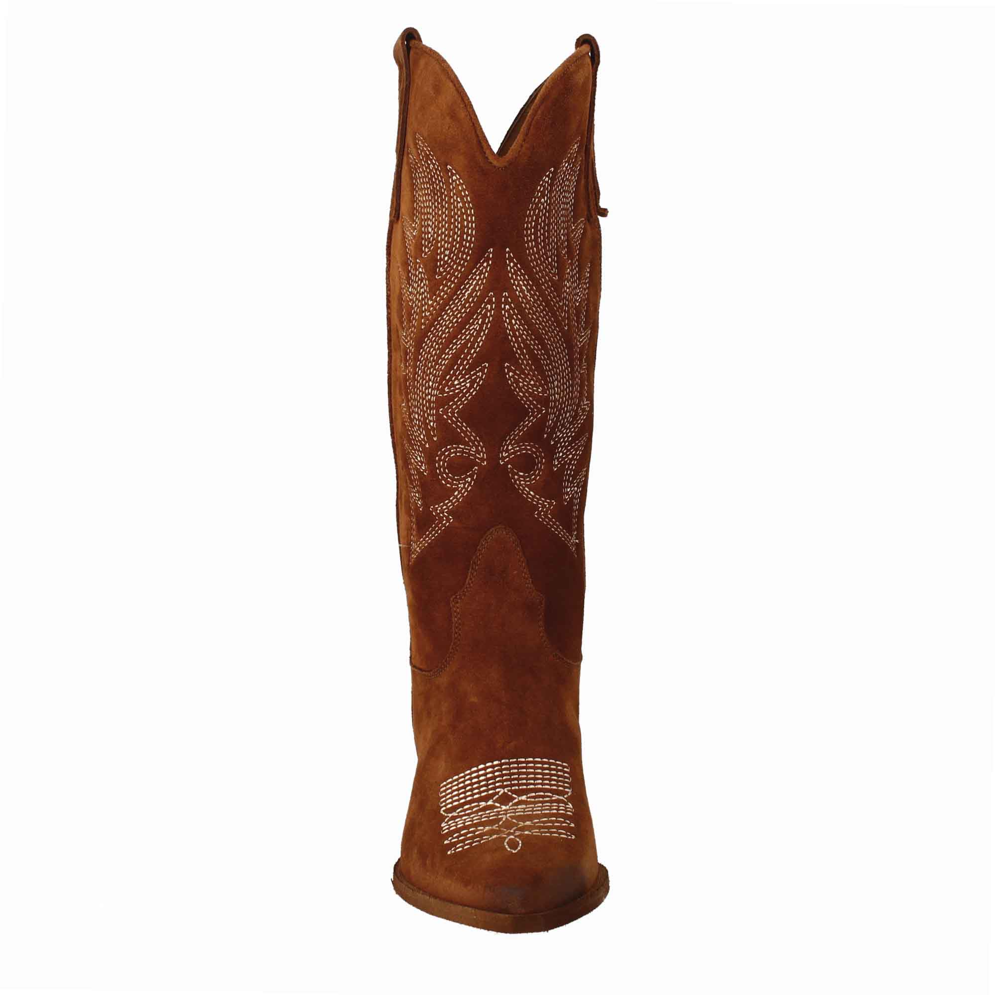 Women's medium Texan boots in brown suede with embroidery.