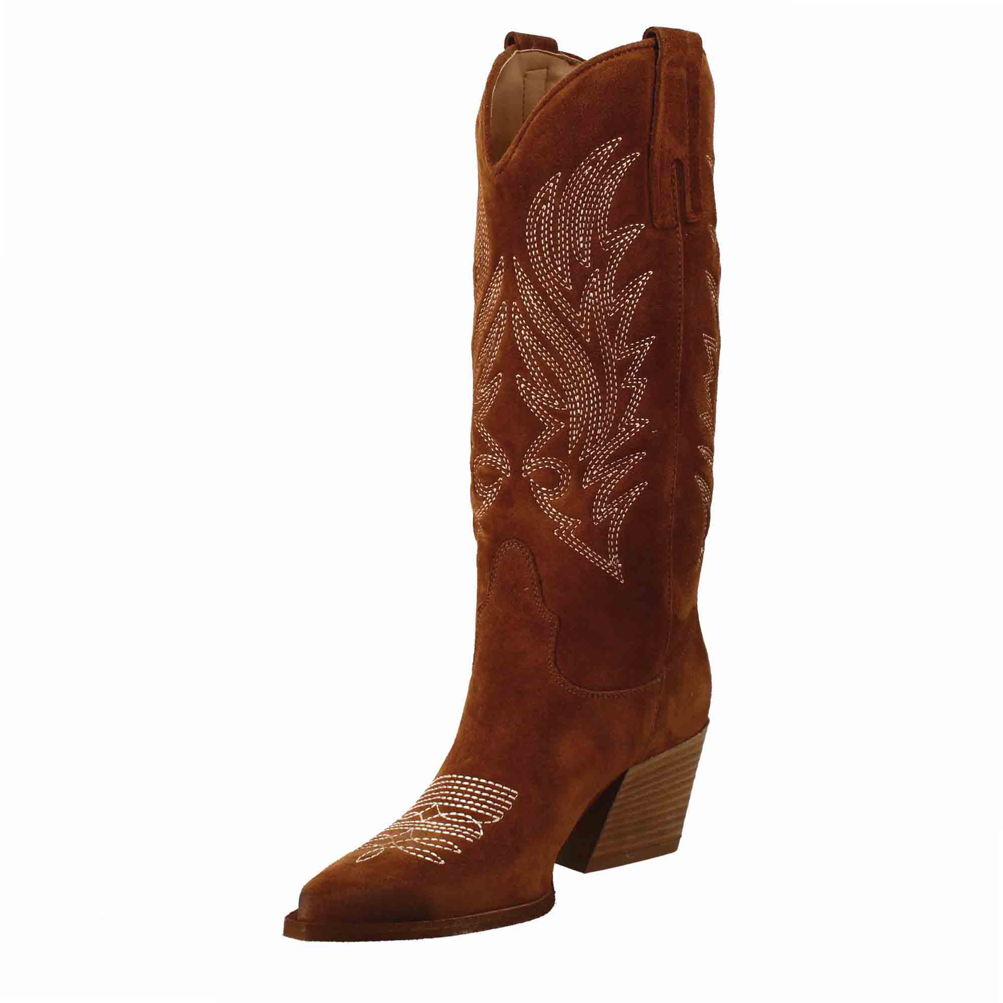 Women's medium Texan boots in brown suede with embroidery.