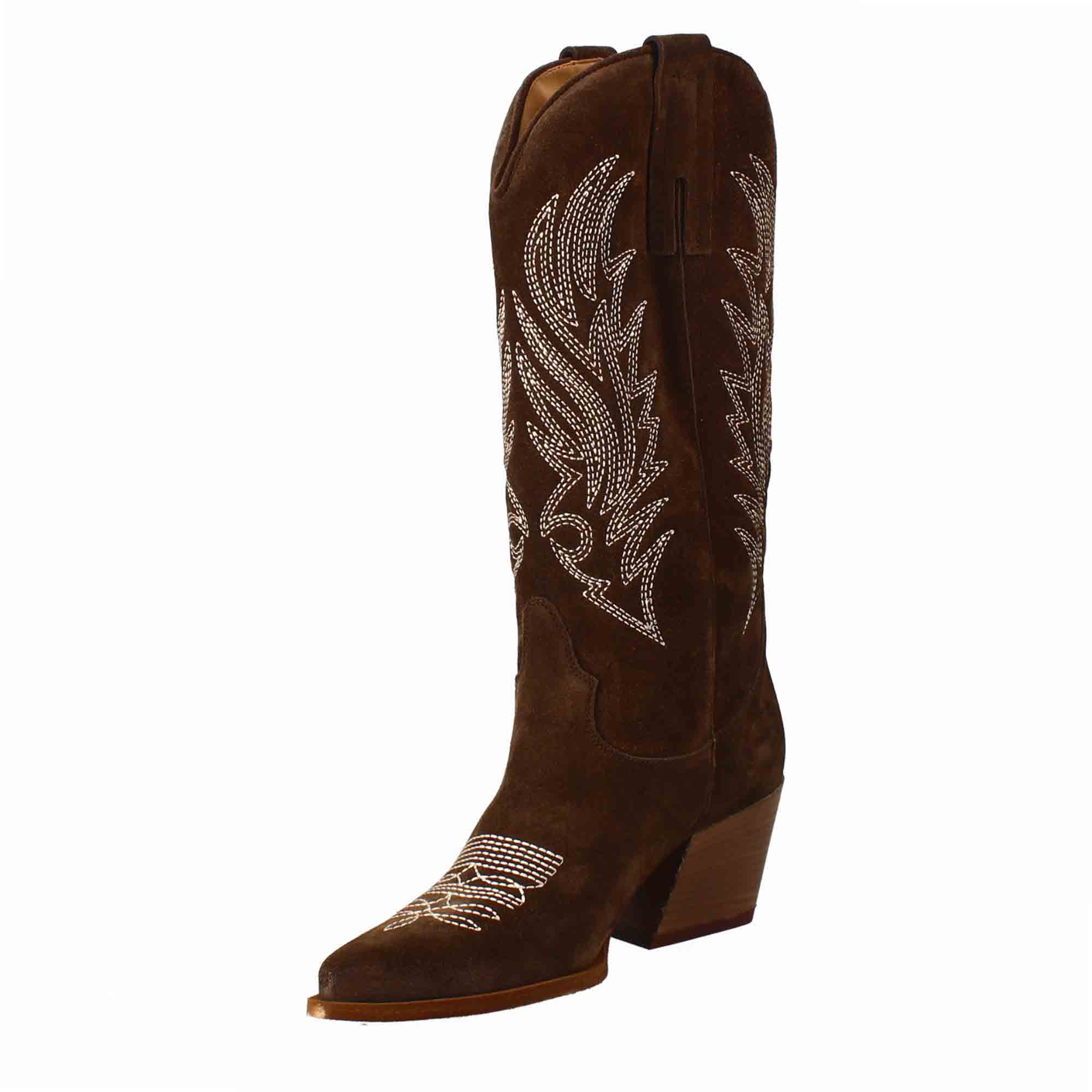 Women's Texan ankle boot in chocolate brown suede with embroidery