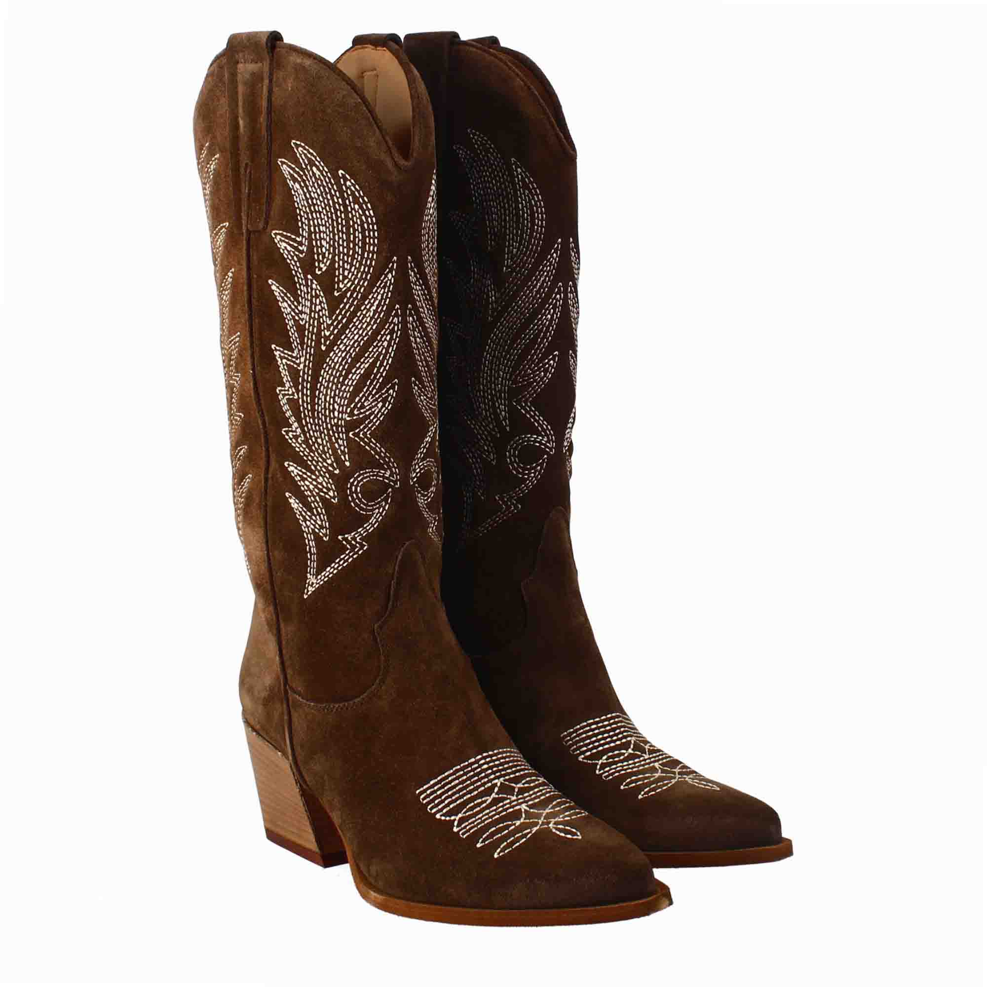 Women's Texan ankle boot in chocolate brown suede with embroidery