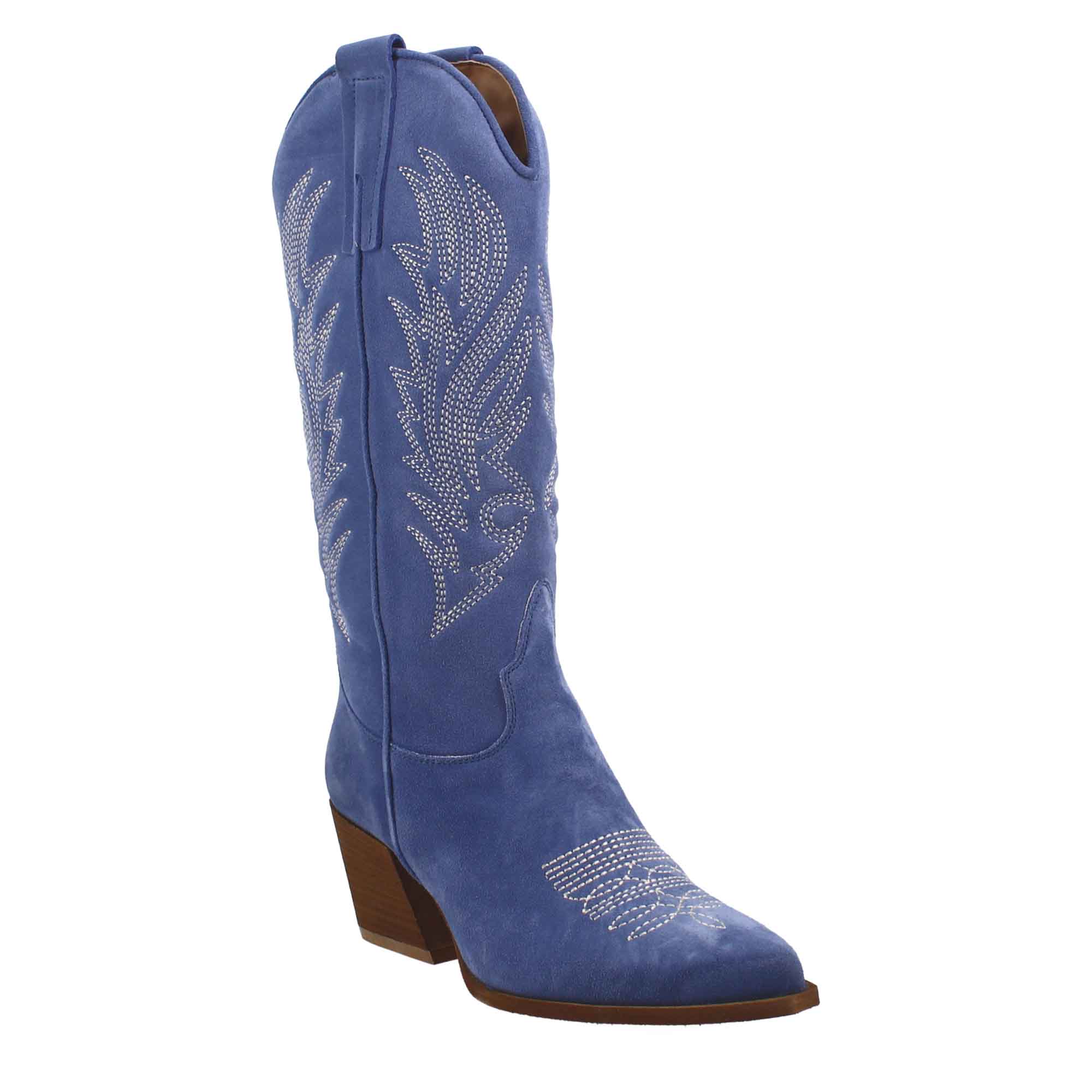 Women's medium Texan boots in blue suede with embroidery.