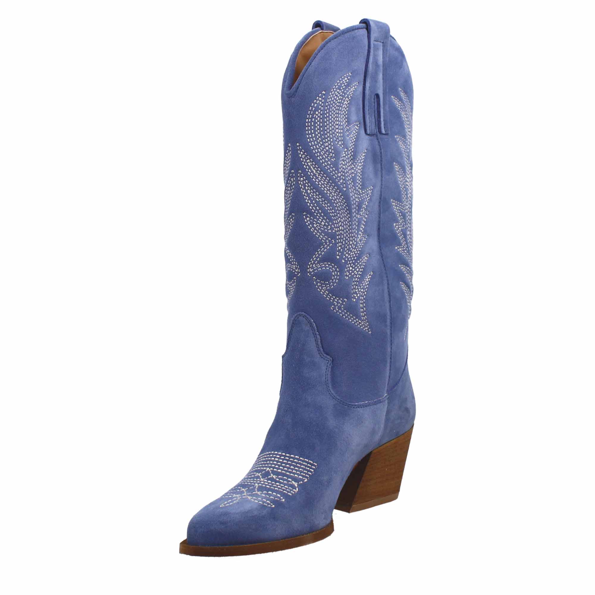 Women's medium Texan boots in blue suede with embroidery.