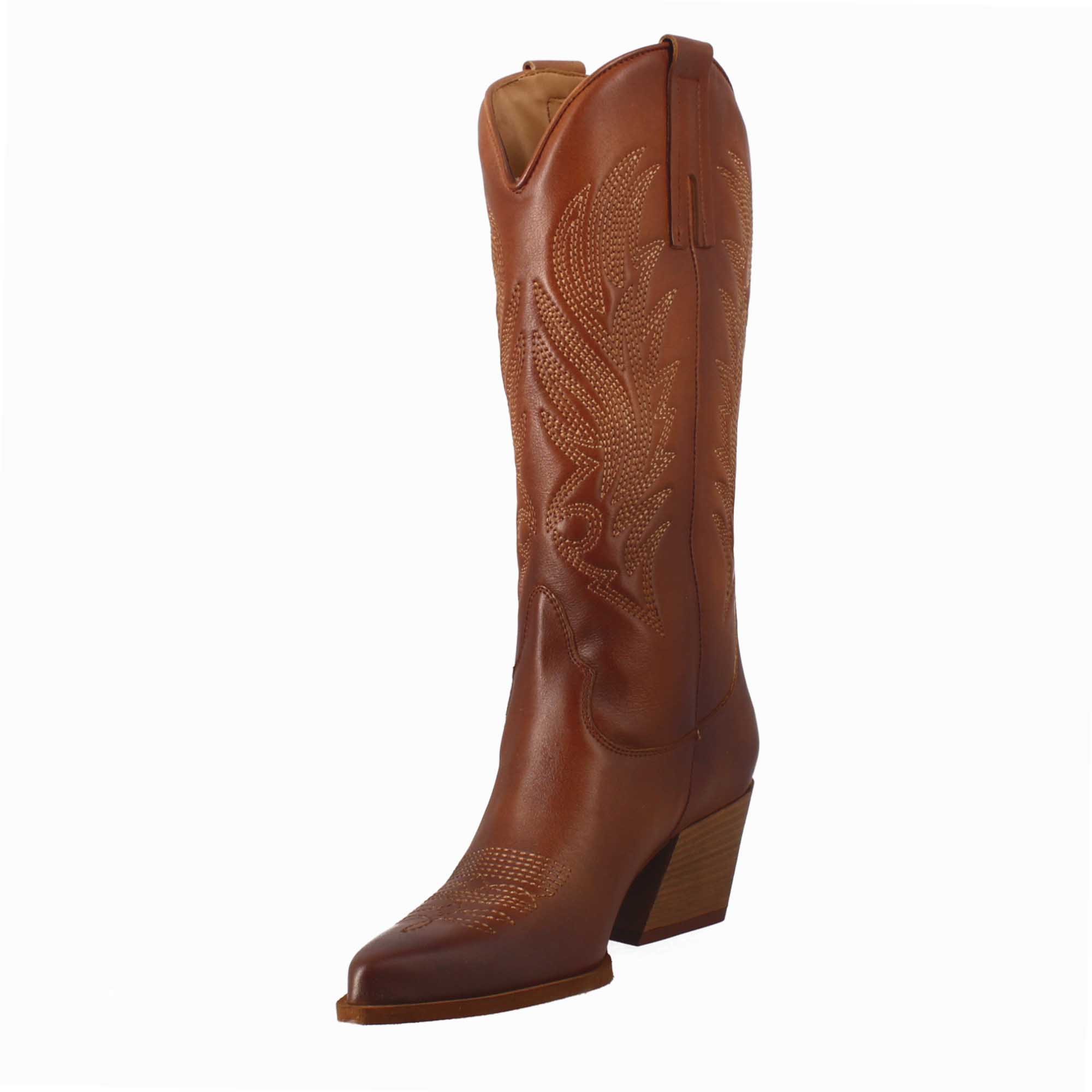 Women's medium Texan boots in brown leather with embroidery.