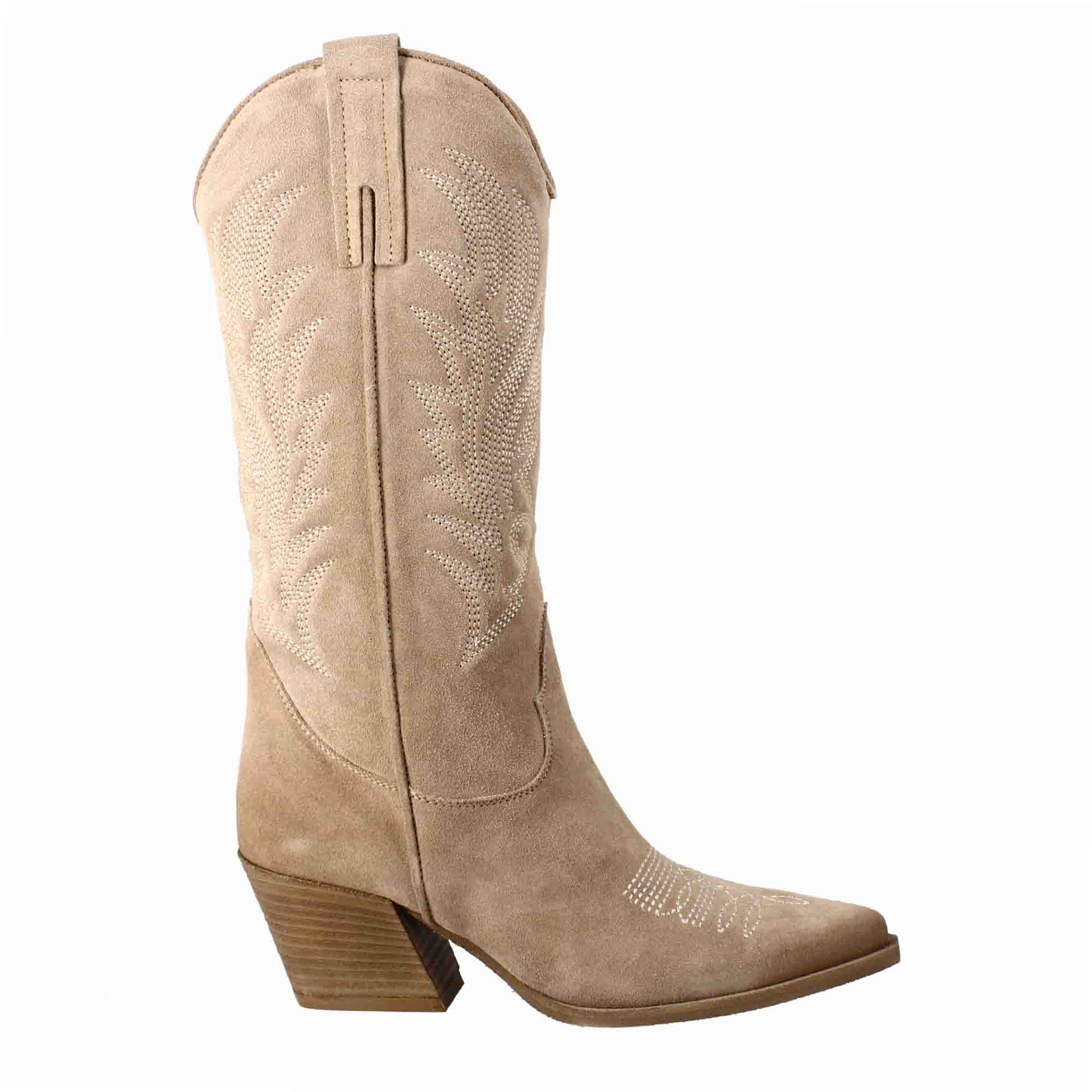 Bottes texanes moyennes pour femme en daim beige clair avec broderie.