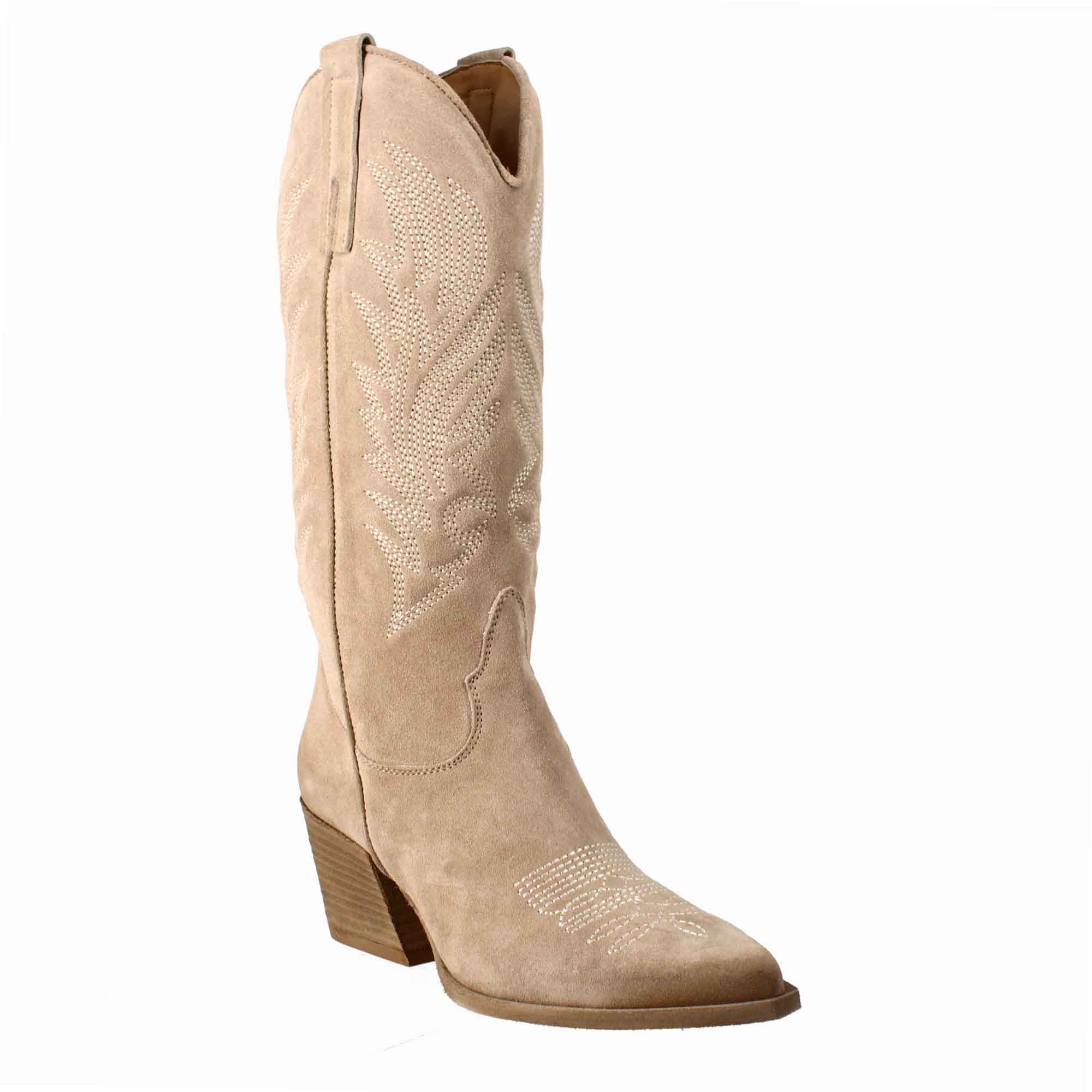 Women's medium Texan boots in light beige suede with embroidery.