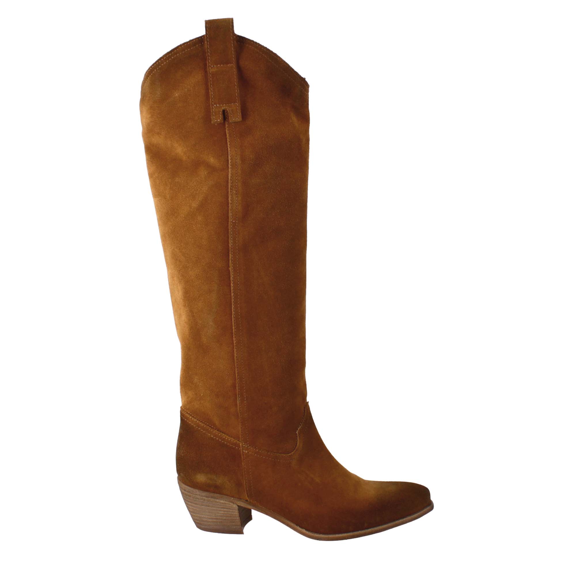 Bottes texanes pour femme non doublées en daim marron.