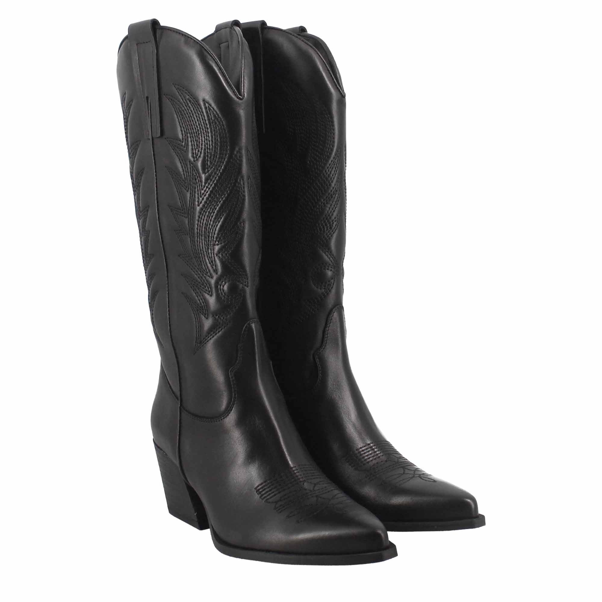 Women's Texan boot in black leather with embroidery